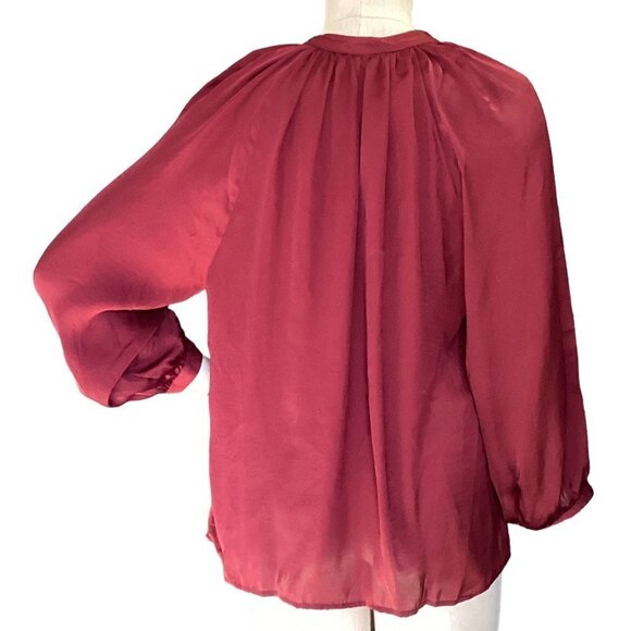 Lucky Brand Embroidered Tassel Tie Neck BOHO Peasant Top L Burgundy Red #224i - Picture 7 of 11